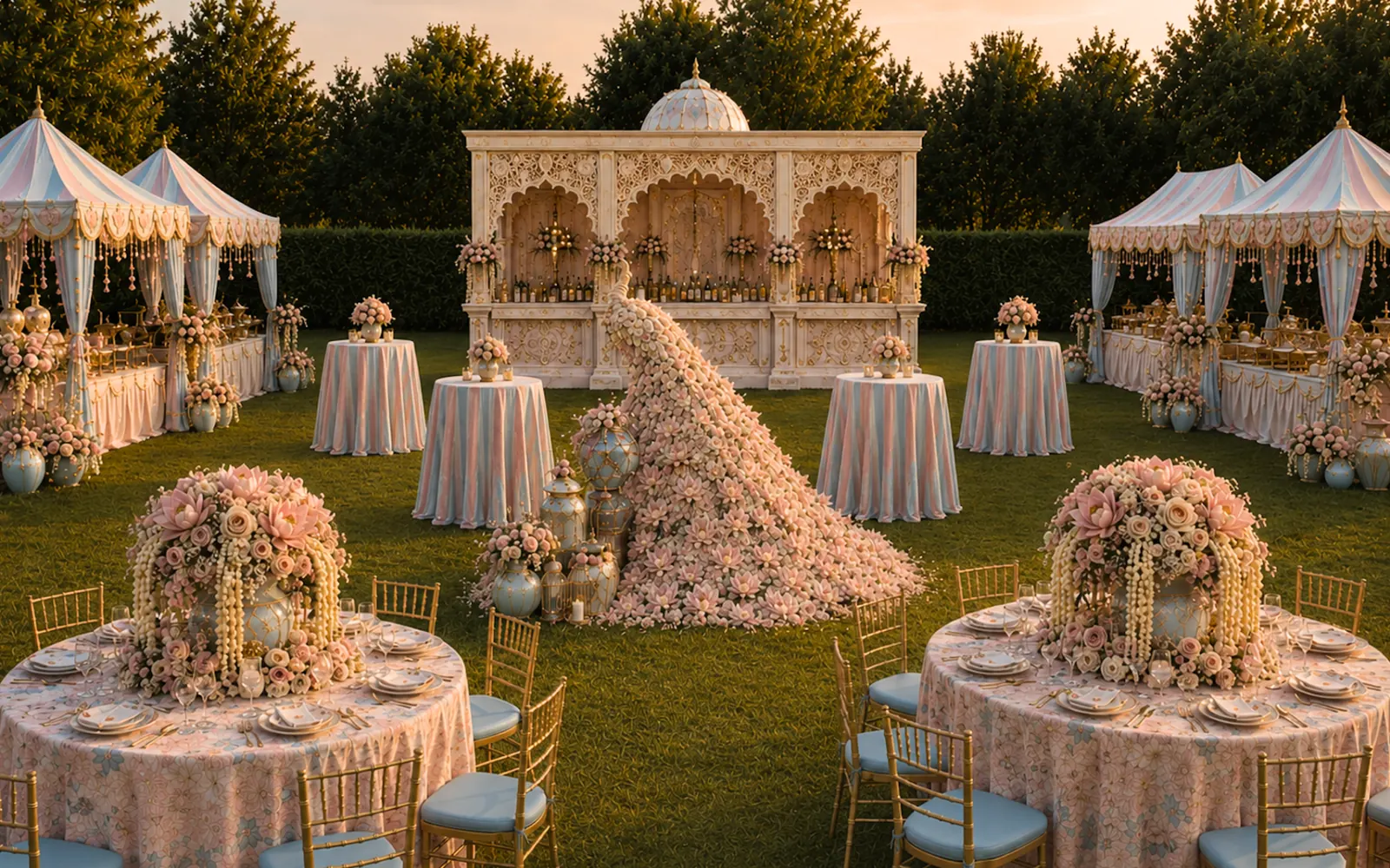 Marigold cascade table decor outdoors — bespoke haldi destination wedding design