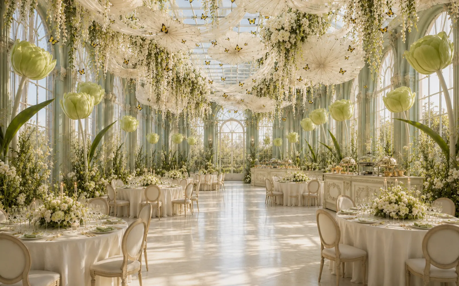Gold draped ballroom with floral chandeliers — bespoke sangeet decor designer India