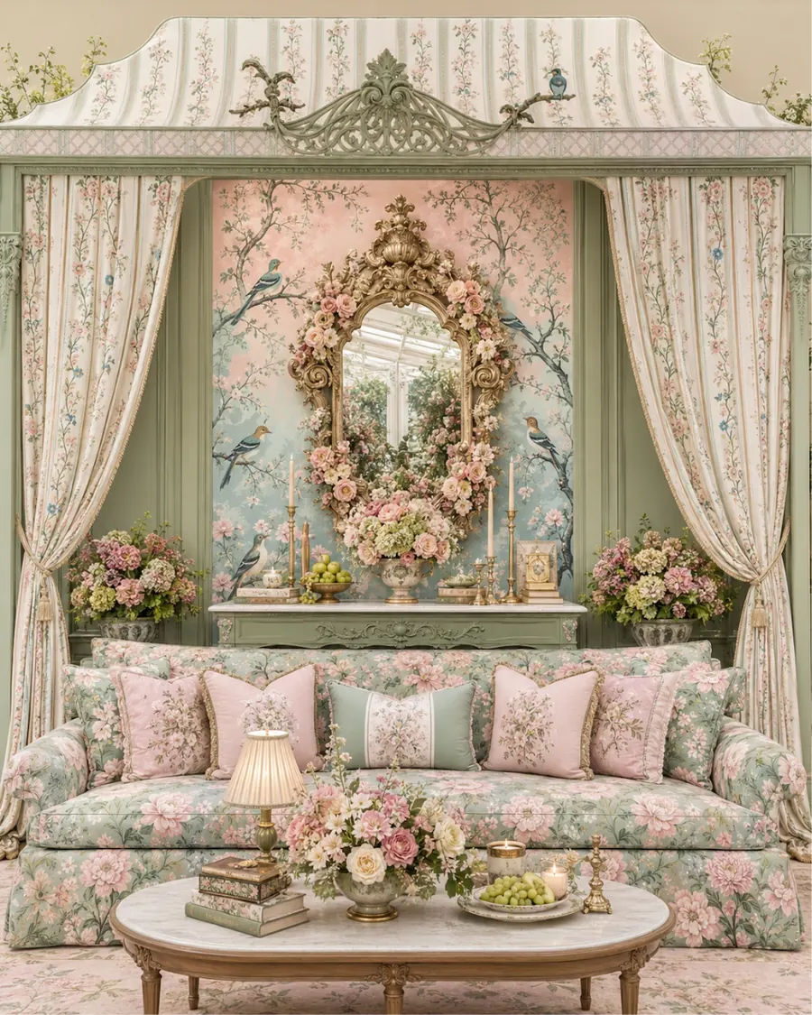 Pastel lounge with mirror and floral sofa — bespoke wedding lounge design India