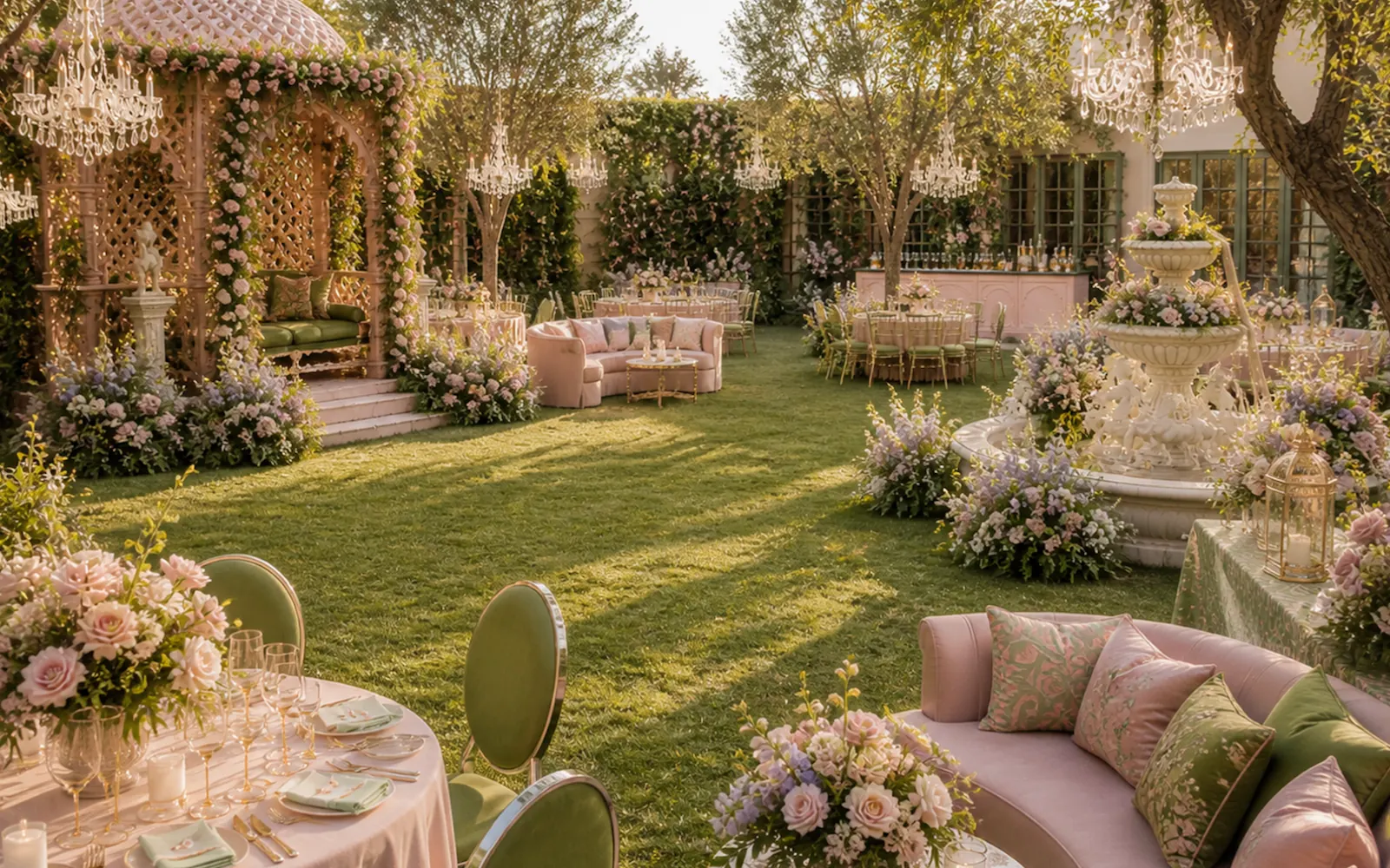 Daytime garden lunch with green chairs and florals — luxury wedding event decor India