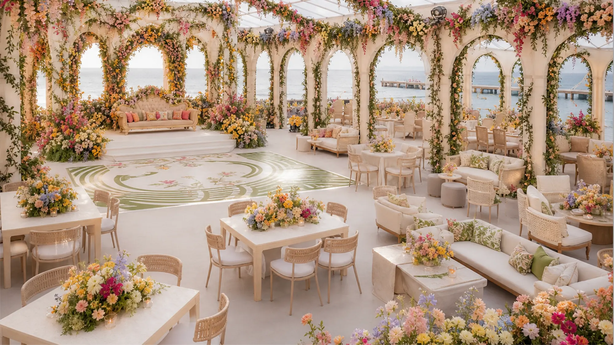 Destination wedding decor Goa — coastal floral arch seating and pastel table design