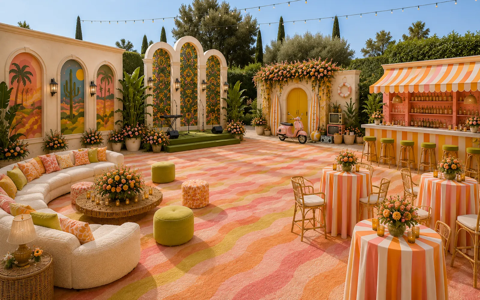 Terracotta courtyard arches with striped lounge — destination wedding decor Rajasthan