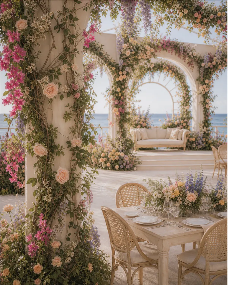 Coastal arch dining with florals — destination wedding table decor Goa India