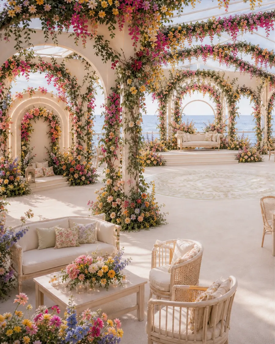 Floral arch walkway ceremony space — floral arch wedding decor India