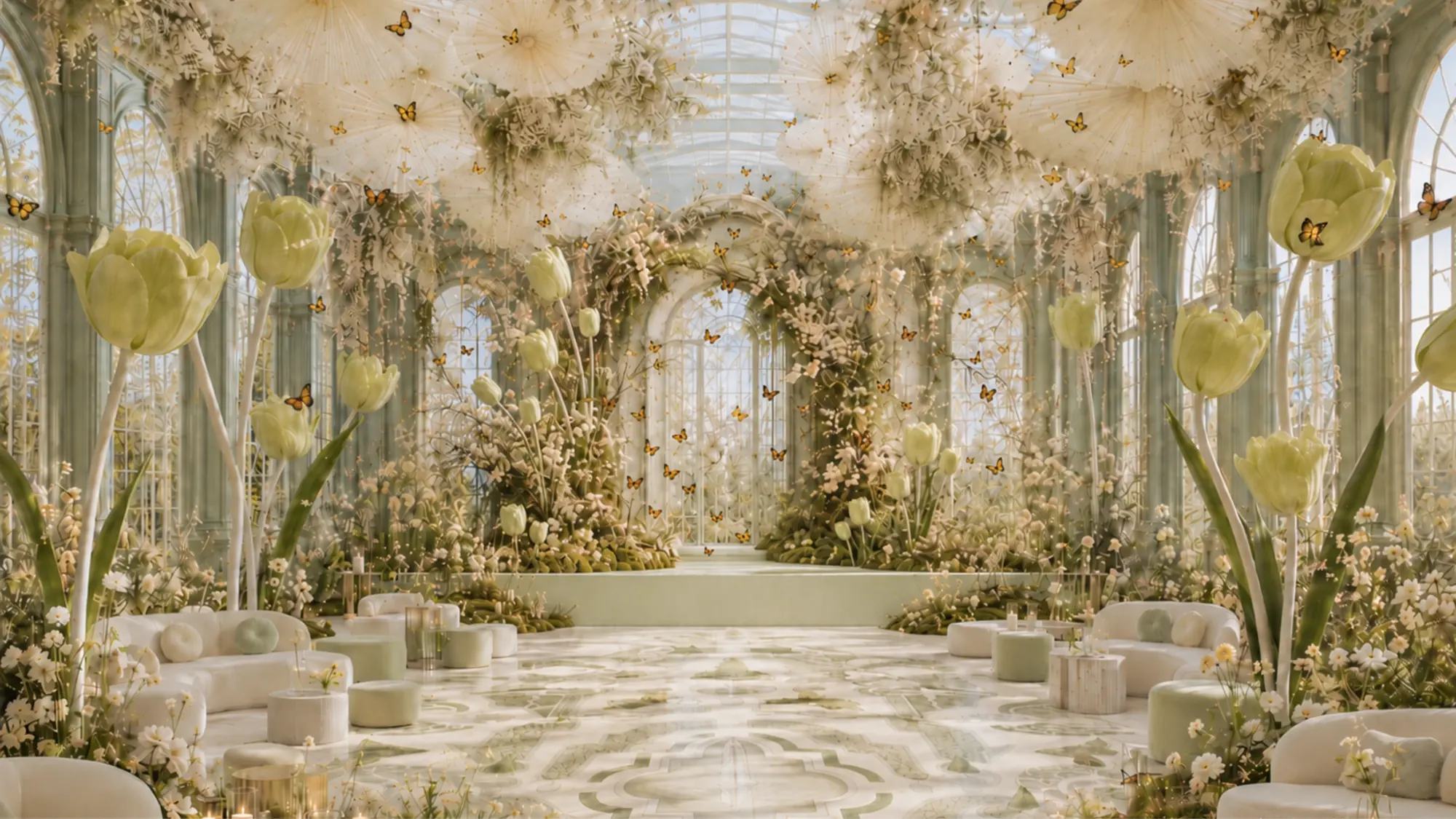 White floral wedding installation design India — luxury tulip hall decor by The Aanser