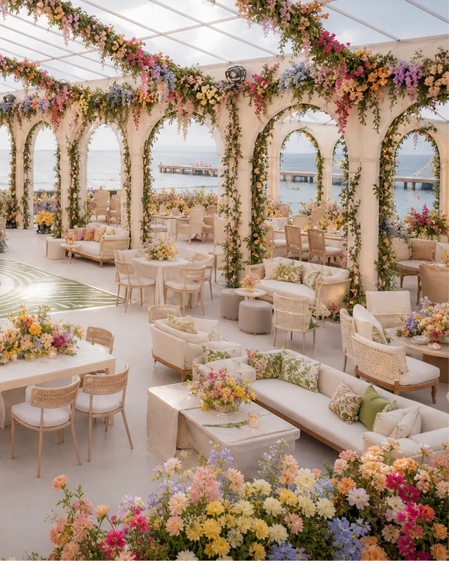 Colourful floral lounge seating — luxury floral wedding lounge decor