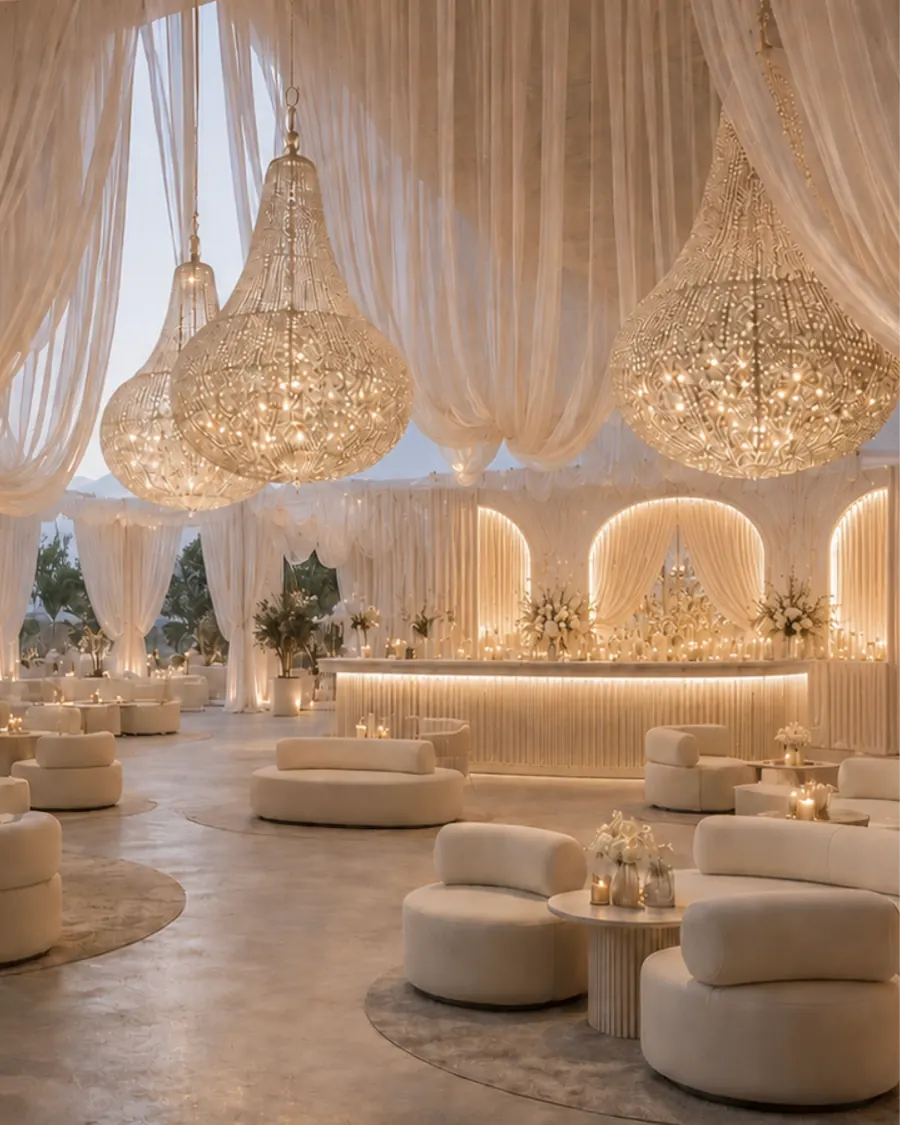 White drape and crystal chandelier reception — luxury reception decor Delhi NCR