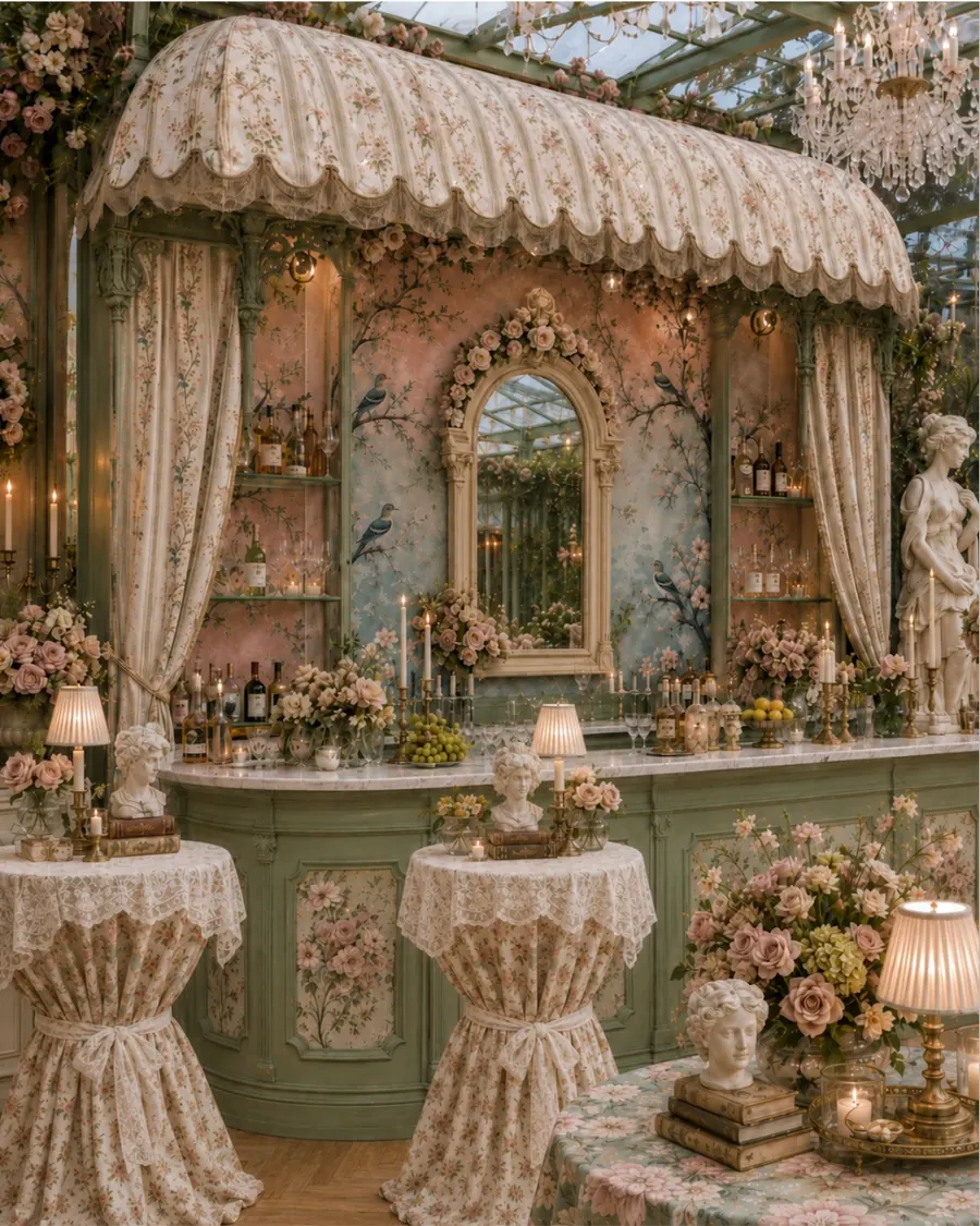 Ornate floral bar cabinet styling — luxury wedding bar decor India