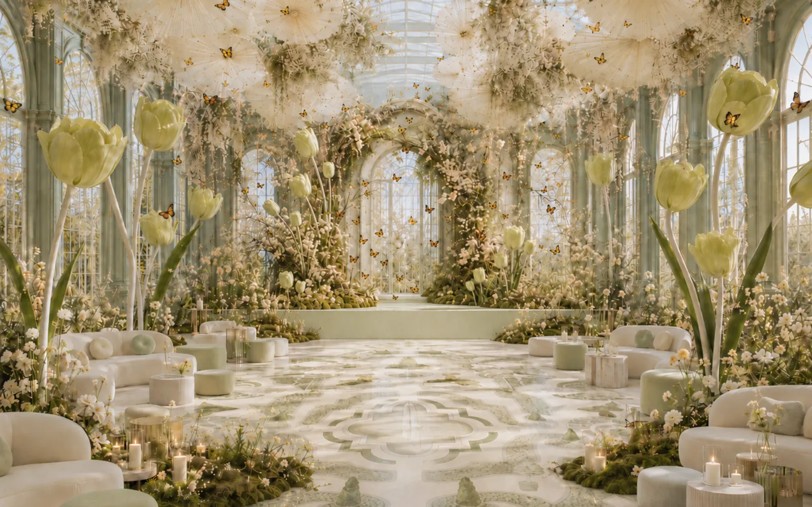 Old world romance wedding theme — white floral hall by luxury wedding design studio The Aanser India