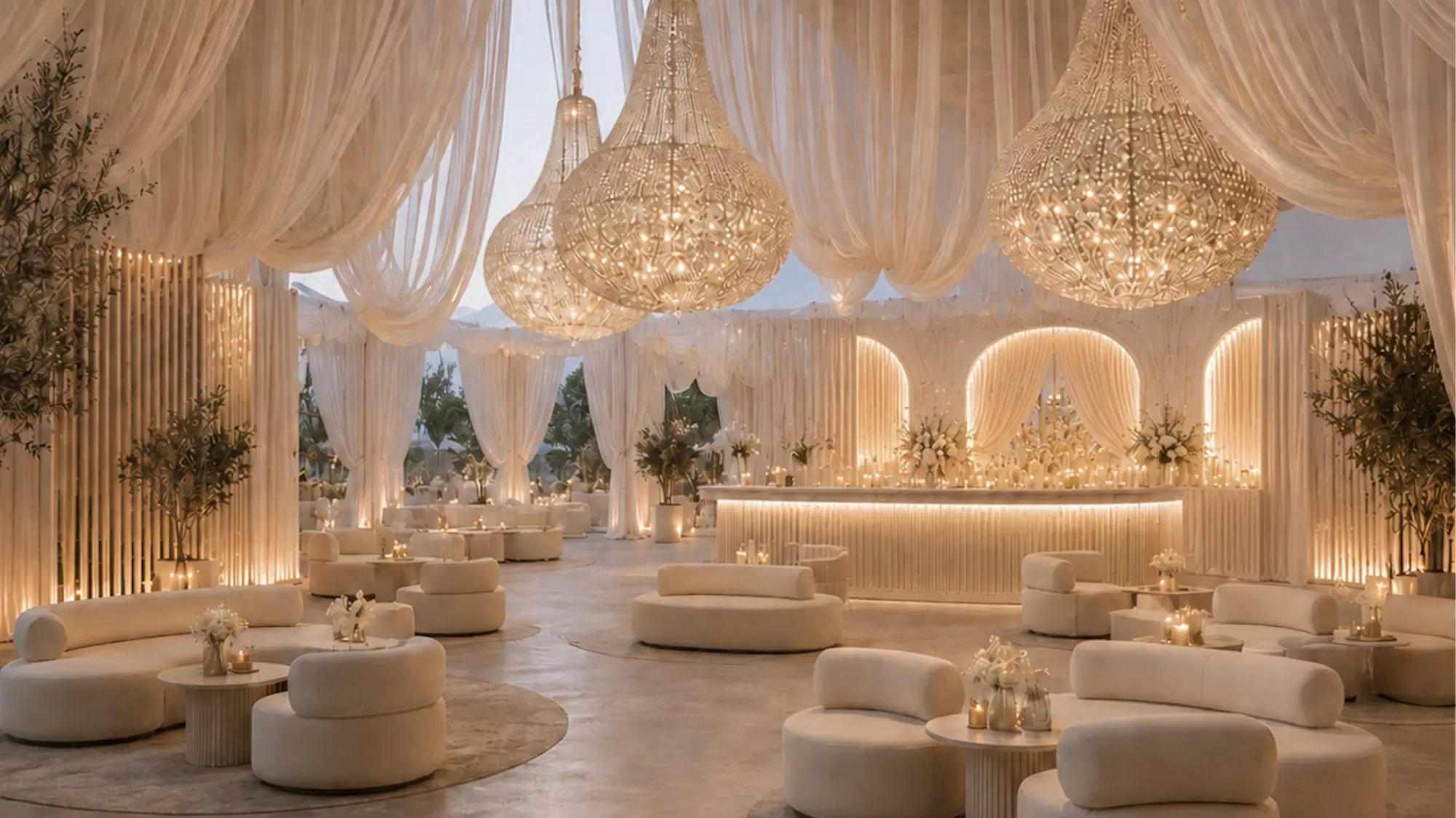 Luxury wedding lounge with crystal chandeliers and white drapery — wedding design Delhi NCR