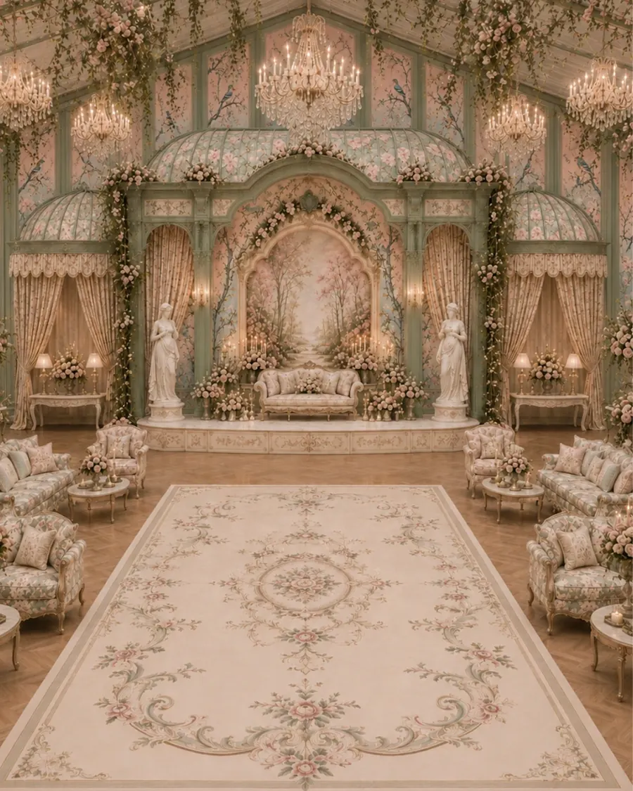 Mint room with aubusson carpet and drapes — old world romance wedding decor