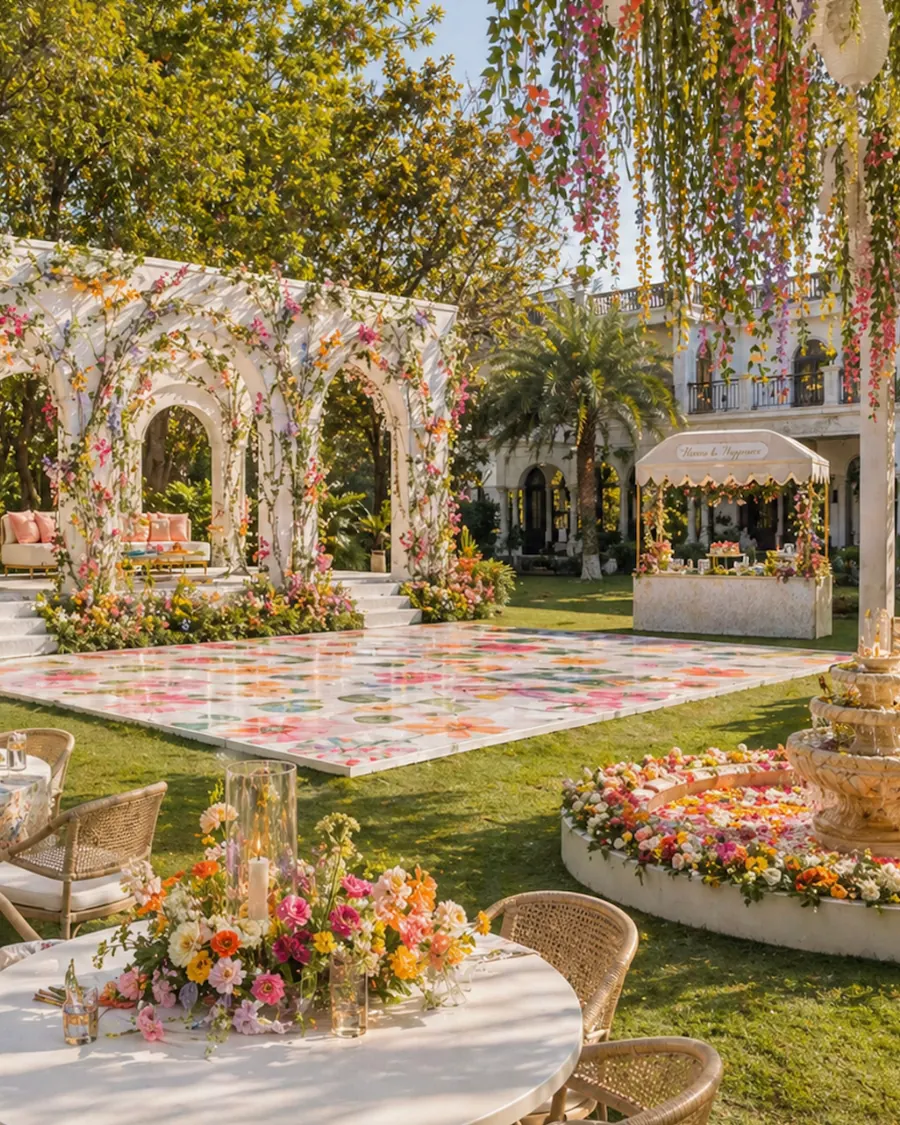 Garden dance floor with colourful florals — outdoor mehendi decor design