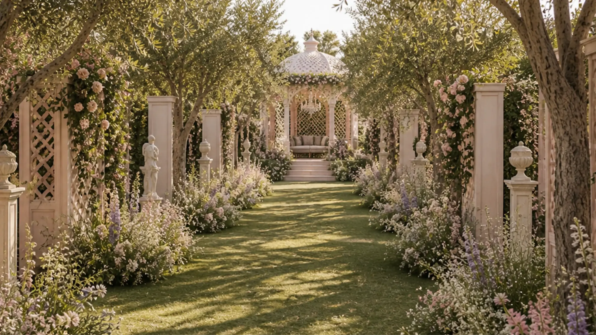 Outdoor garden wedding decor India — floral pathway design for luxury weddings
