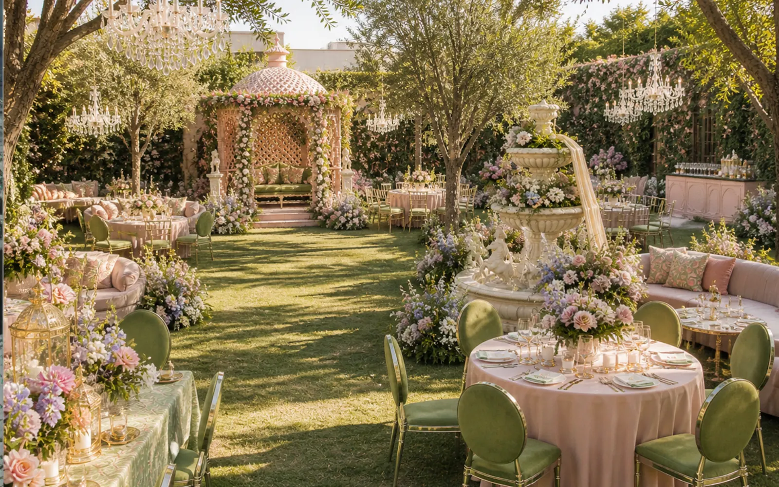 Pastel garden gazebos with floral urns — outdoor luxury haldi decor Delhi NCR