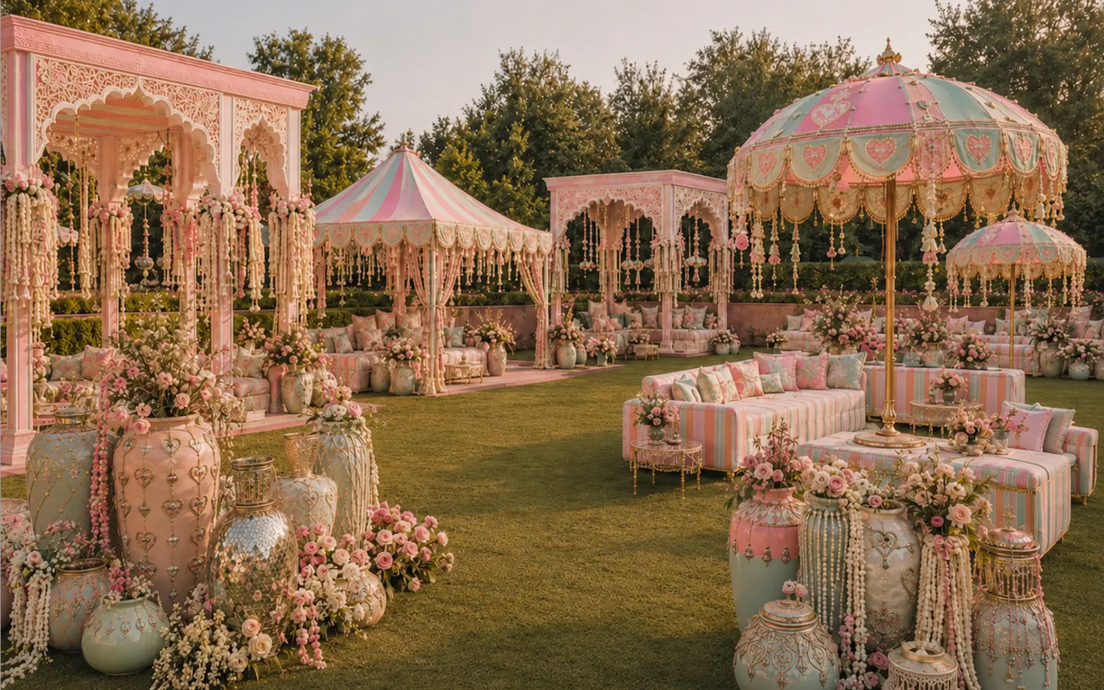 Colourful outdoor mehendi floral decor with stage — wedding decorator Delhi