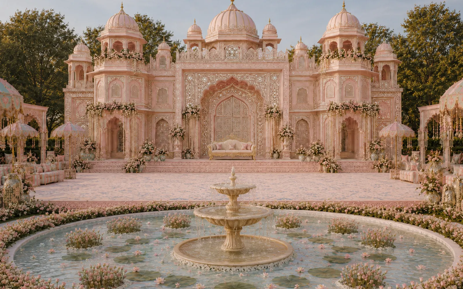 Royal pink palace mandap with fountain — outdoor destination wedding Udaipur