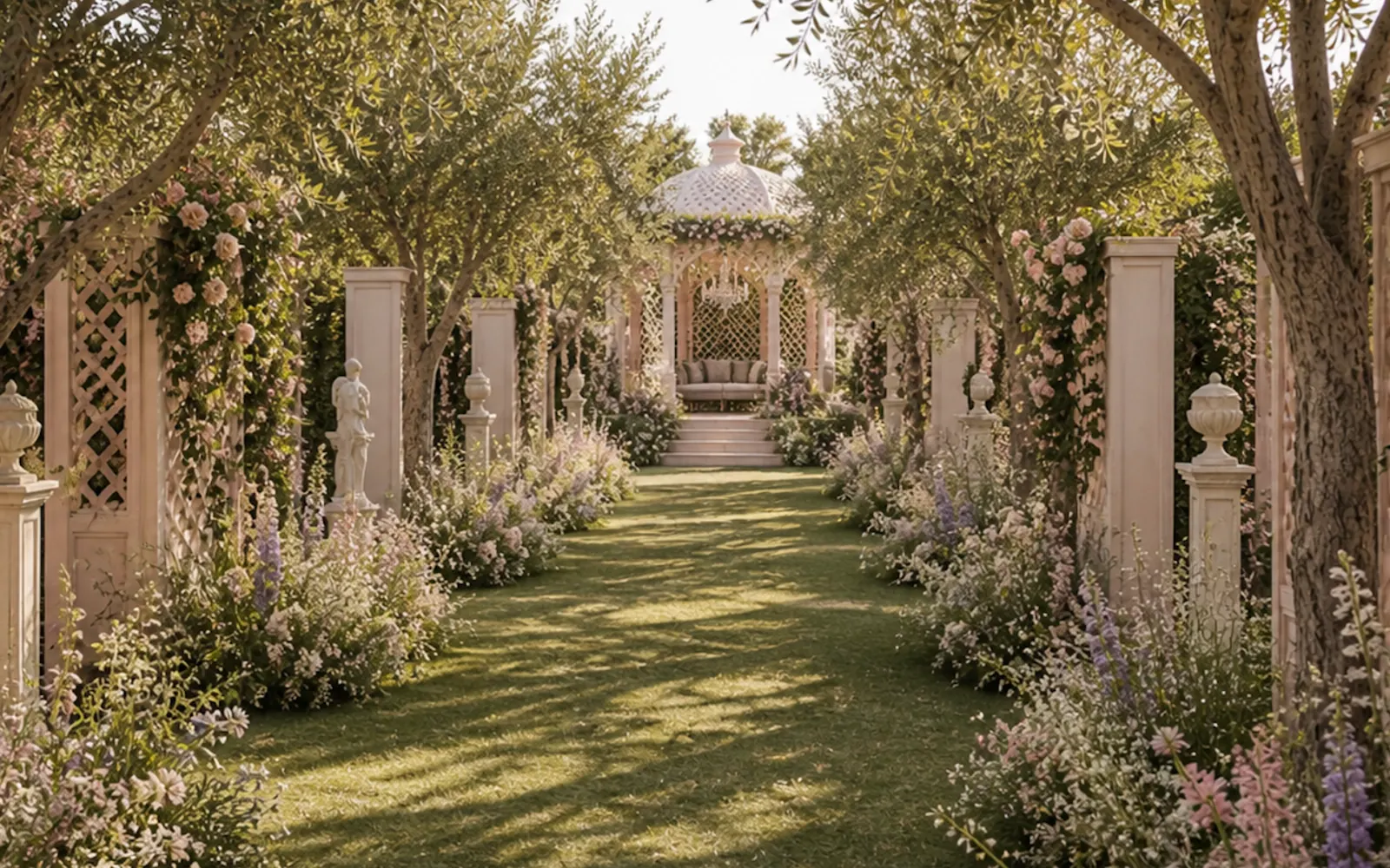 Garden pathway with white florals and trellis — palace wedding decor designer India