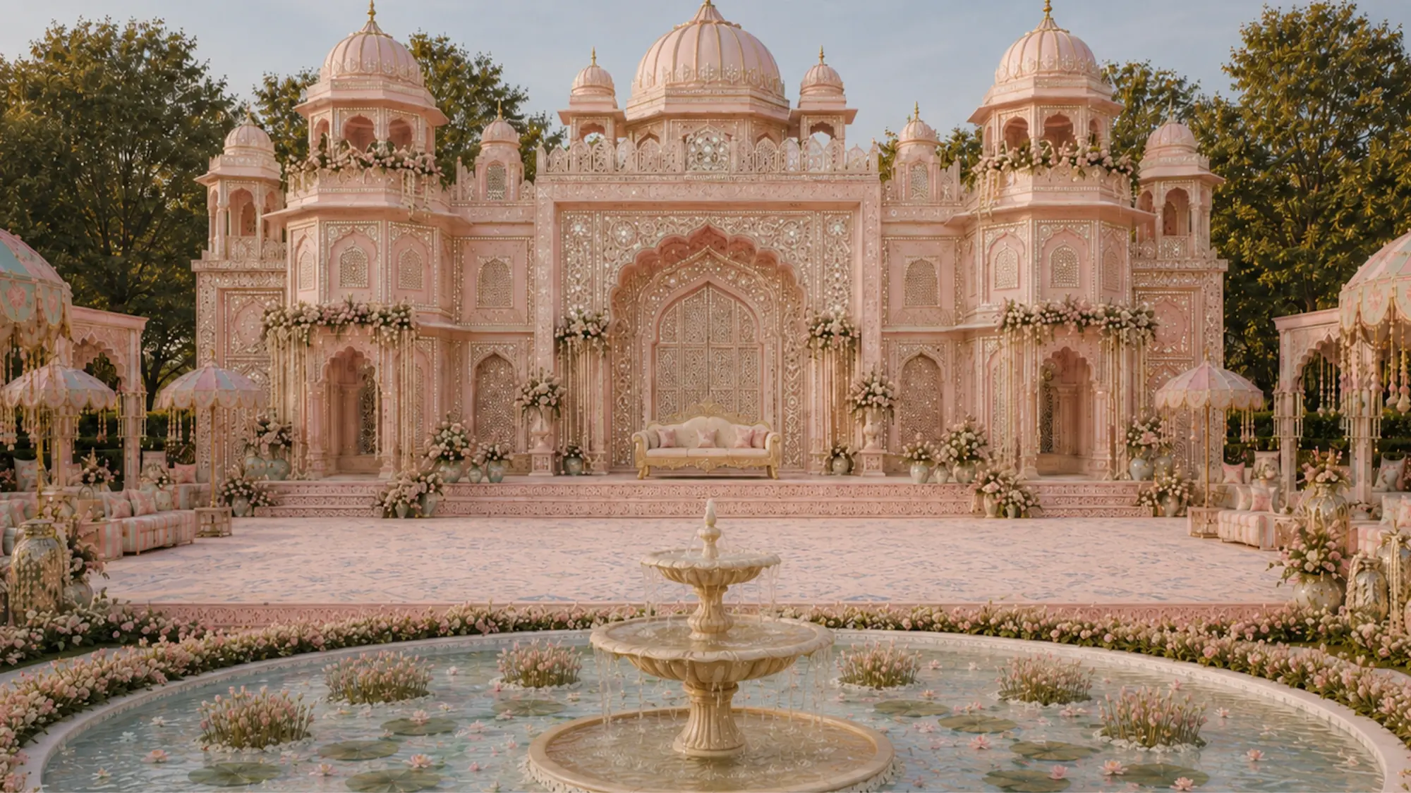 Palace wedding decor Udaipur — pink palace facade with fountain, destination wedding design India