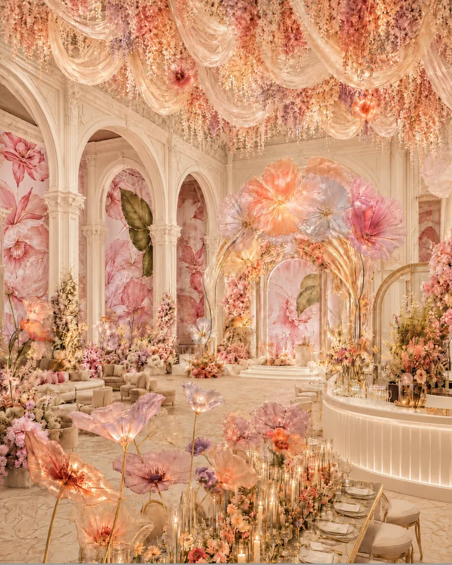 Pink pastel ballroom stage design — pastel luxury wedding decor Delhi