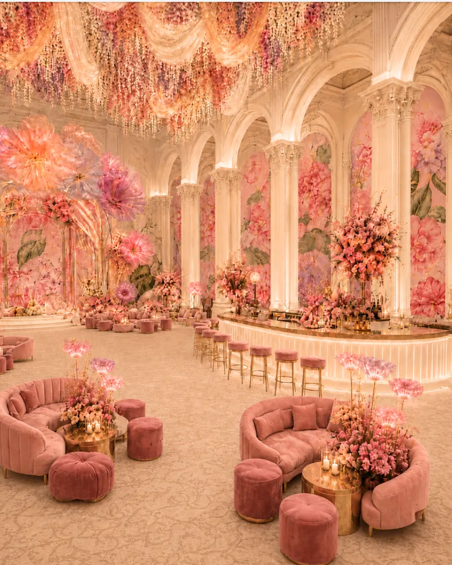 Pink lounge bar with columns — sangeet cocktail decor by wedding designer India