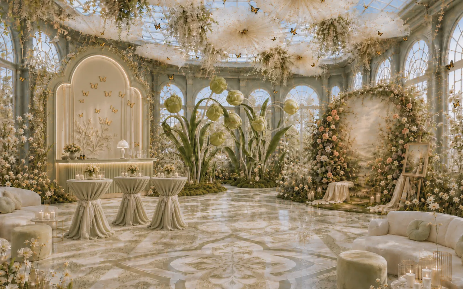 Candlelit drape and crystal chandelier lounge — sangeet cocktail night decor Delhi