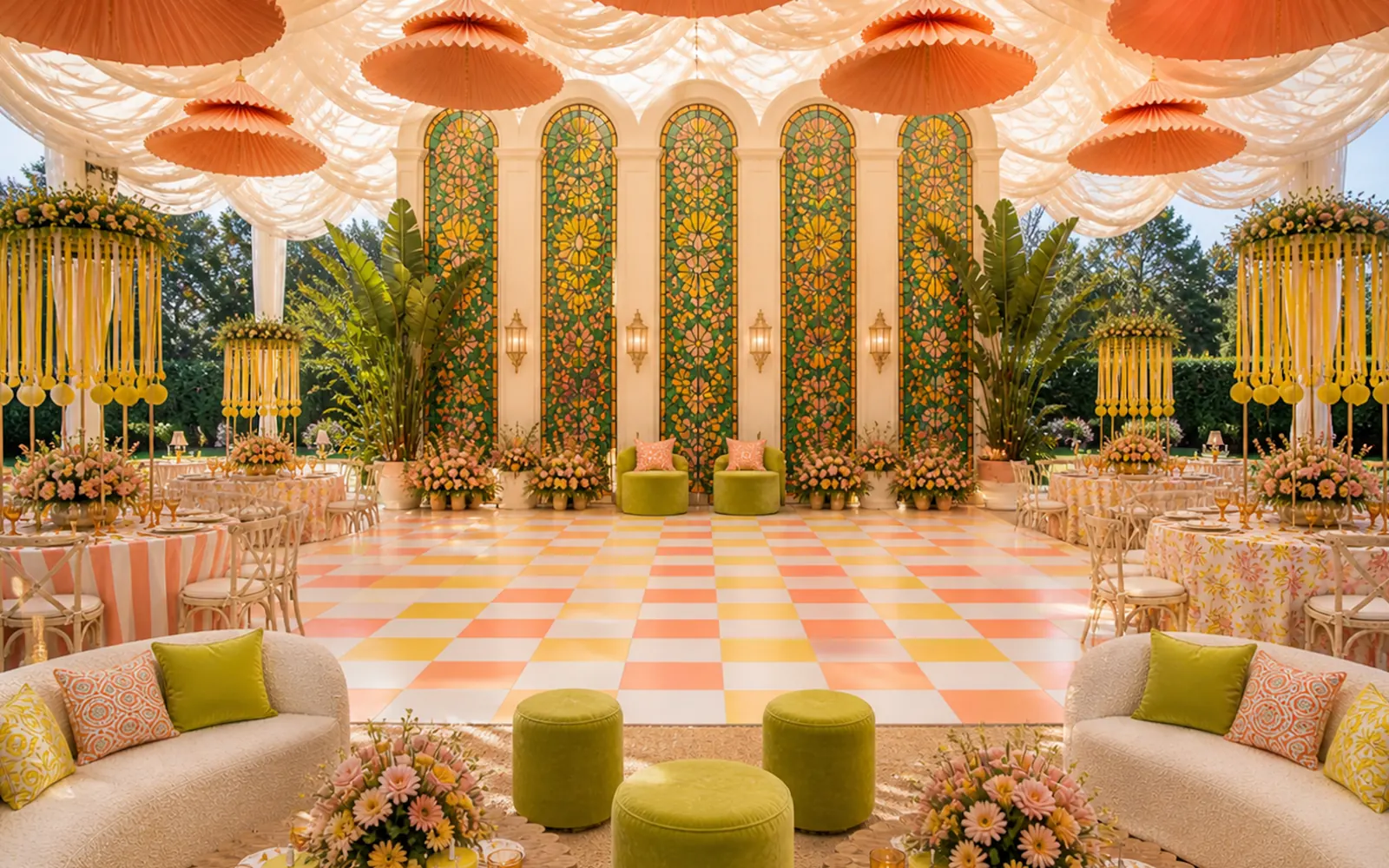 Vibrant sangeet stage decoration with checkered dance floor — Delhi NCR wedding design
