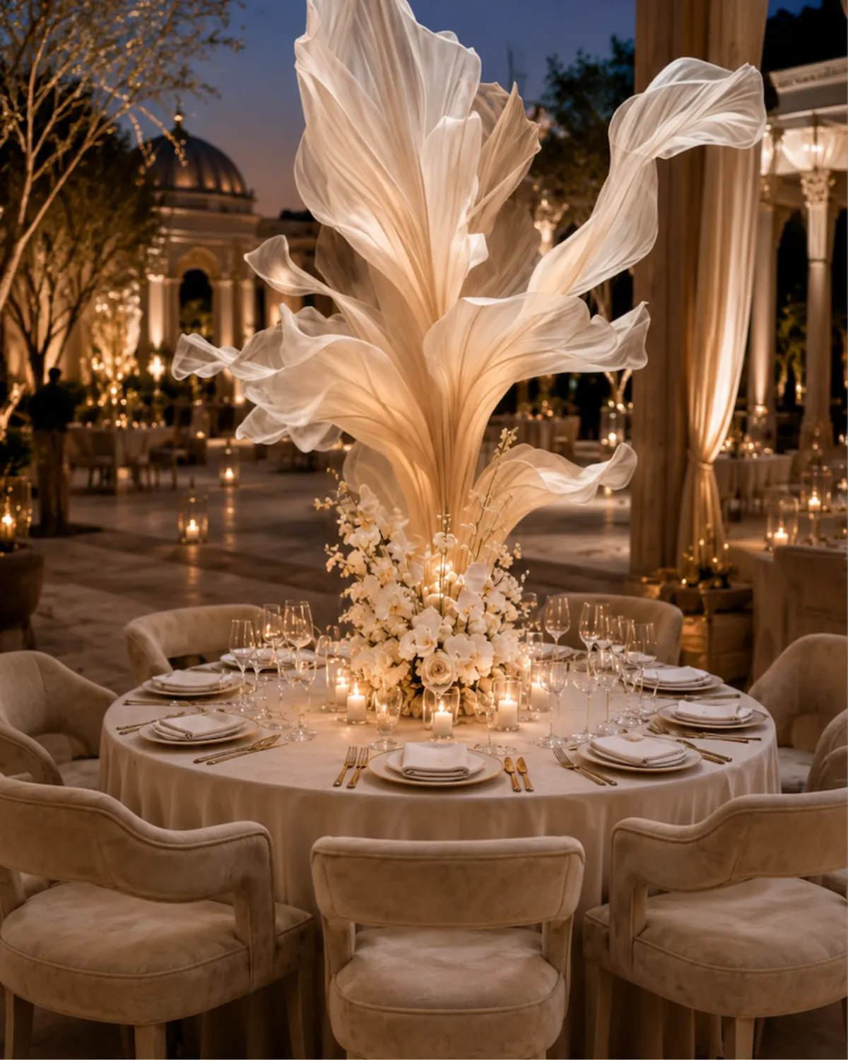 Sculptural fabric centrepiece tablescape at night — fine dining wedding table decor India