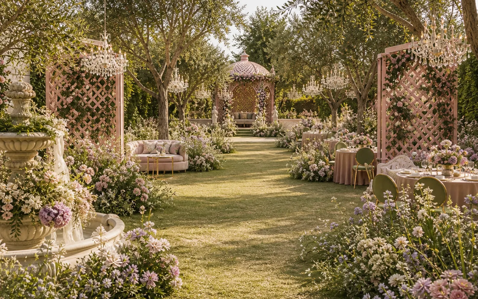 Garden trellis and fountain setting — theme intimate wedding decorator Delhi