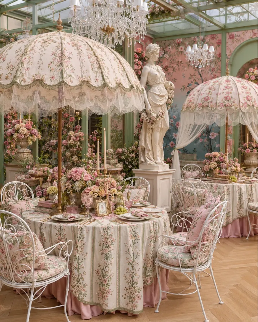 Lace parasol tea table with statue — vintage garden mehendi decor Delhi NCR