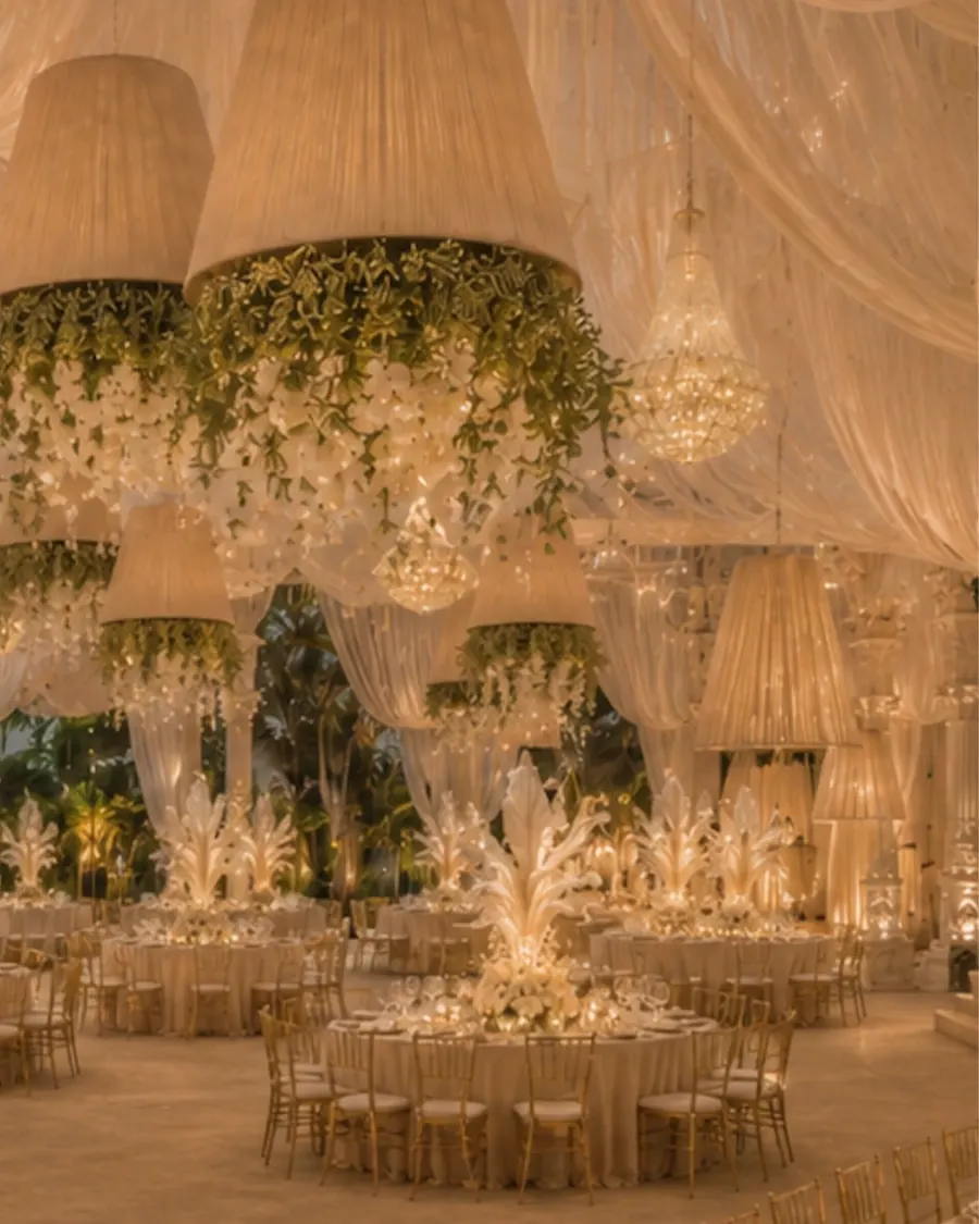 Hanging floral chandelier canopy tent — wedding reception floral decor
